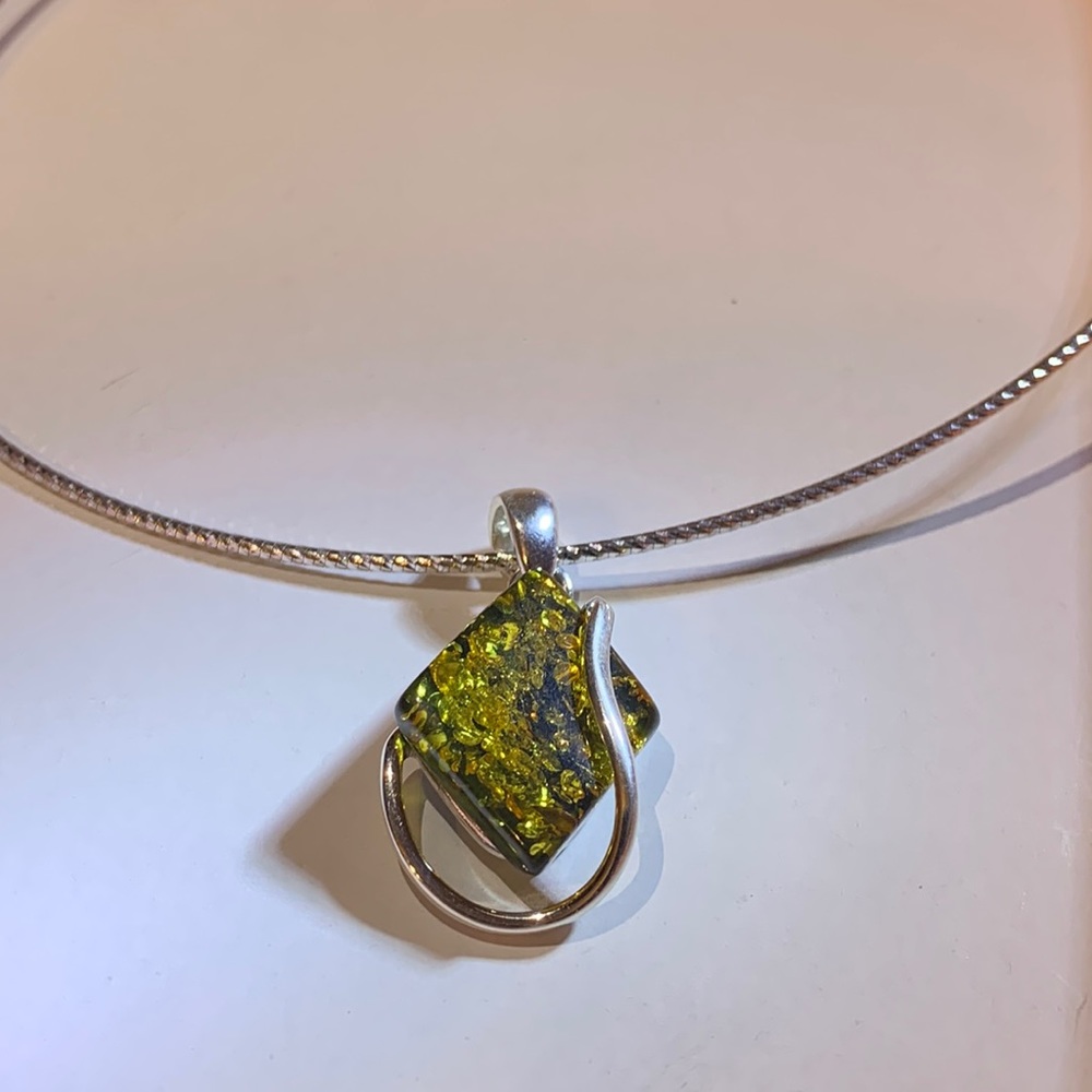 Green  Baltic Amber Amber pendant sterling silver